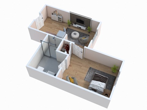 an overhead view of a house with a living room and a fireplace